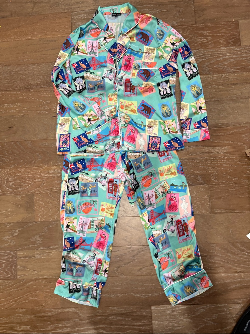Mint Multi-Print Travel-Postcard Pajama Set
